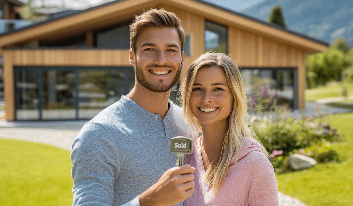 Jeune couple heureux tenant la clé de leur première maison en Suisse, devant un chalet moderne avec vue sur les Alpes, symbolisant la réussite d'un primo-accédant.