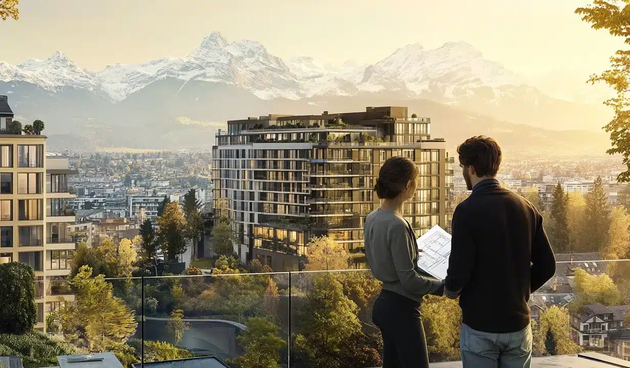 Vue panoramique d’une ville suisse moderne en 2025, avec un couple d’investisseurs et un agent immobilier discutant d’un projet d’achat, illustrant l’évolution du marché immobilier